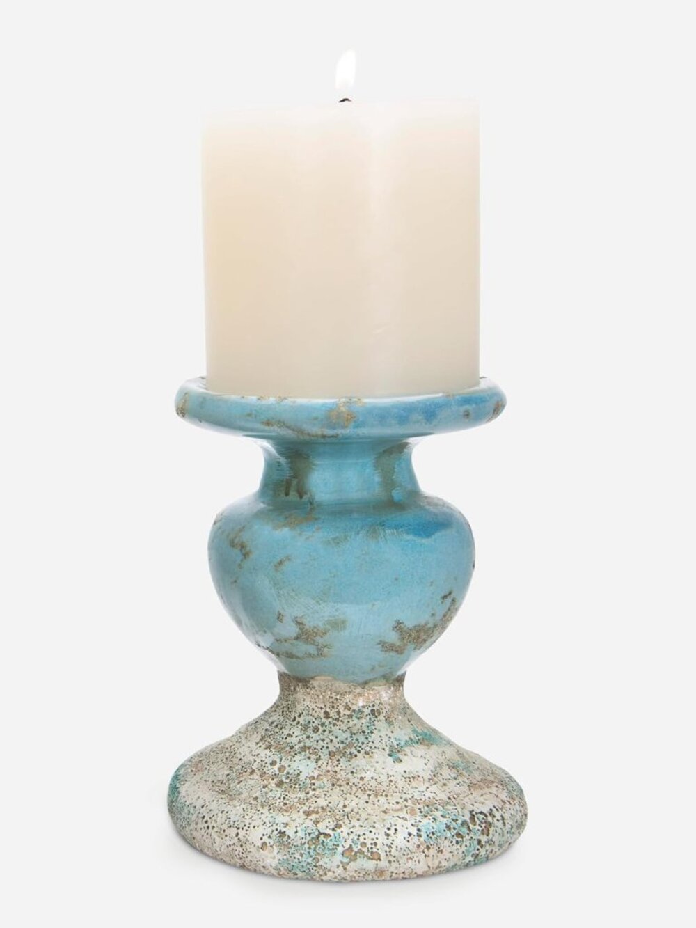 Large Distressed Blue Terracotta Pillar Candle Holder